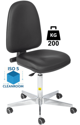 Scaun Clean-Room BASIC husa vinil WLL=200kg H=545-730mm cu roti din cauciuc cu frana la ridicare si suport