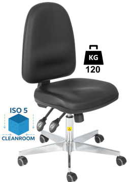 Scaun Clean-Room COMFORT husa vinil WLL=120kg H=480-605mm cu roti din cauciuc cu frana la asezare si suport