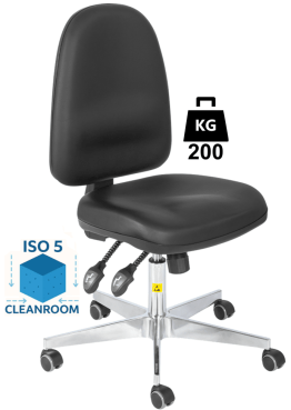 Scaun Clean-Room COMFORT husa vinil WLL=200kg H=480-605mm cu roti din cauciuc cu frana la ridicare si suport
