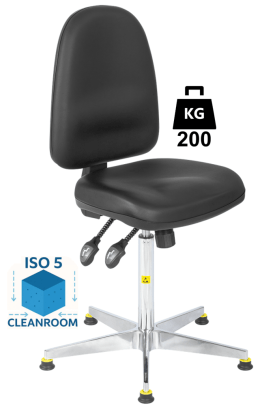 Scaun Clean-Room COMFORT husa vinil WLL=200kg H=570-750mm cu roti din cauciuc cu frana la asezare