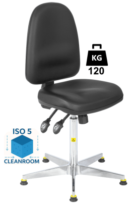 Scaun Clean-Room COMFORT husa vinil WLL=120kg H=595-850mm cu suport si cotiere din poliuretan