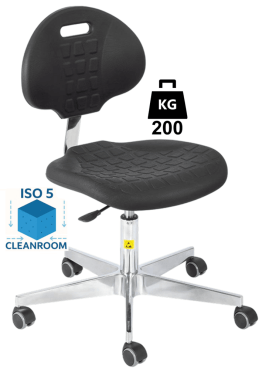 Scaun Clean-Room POLYURETHAN WLL=200kg H=420-545mm cu roti din cauciuc cu frana la asezare si suport