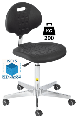 Scaun Clean-Room POLYURETHAN WLL=200kg H=505-690mm cu roti din cauciuc cu frana la asezare si suport