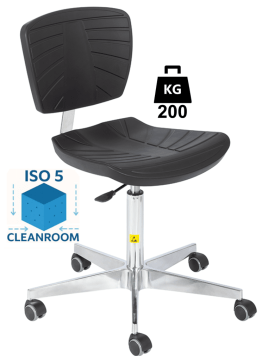 Scaun Clean-Room COMFORT poliuretan WLL=200kg H=510-700mm cu roti din cauciuc cu frana la asezare