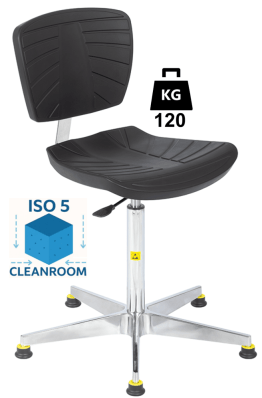 Scaun Clean-Room COMFORT poliuretan WLL=120kg H=550-800mm cu cotiere din poliuretan si suport