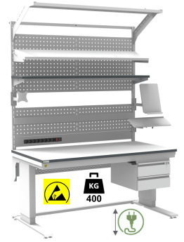 Banc de lucru ESD sistem L-Heavy Duty cu inaltimea reglabila electric 1500/800 dreptunghiular gri deschis