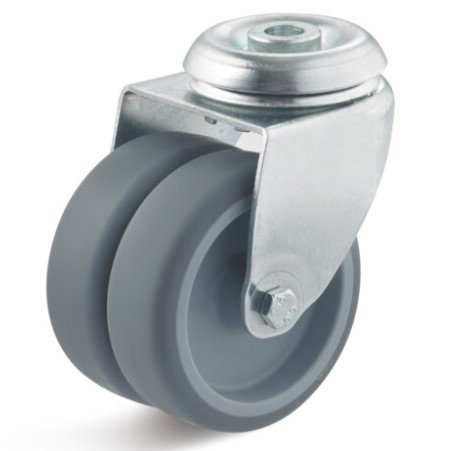 Roata dubla termoplast lagar alunecare, carcasa pivotanta cu alezaj, WLL=100 kg, D=75 mm